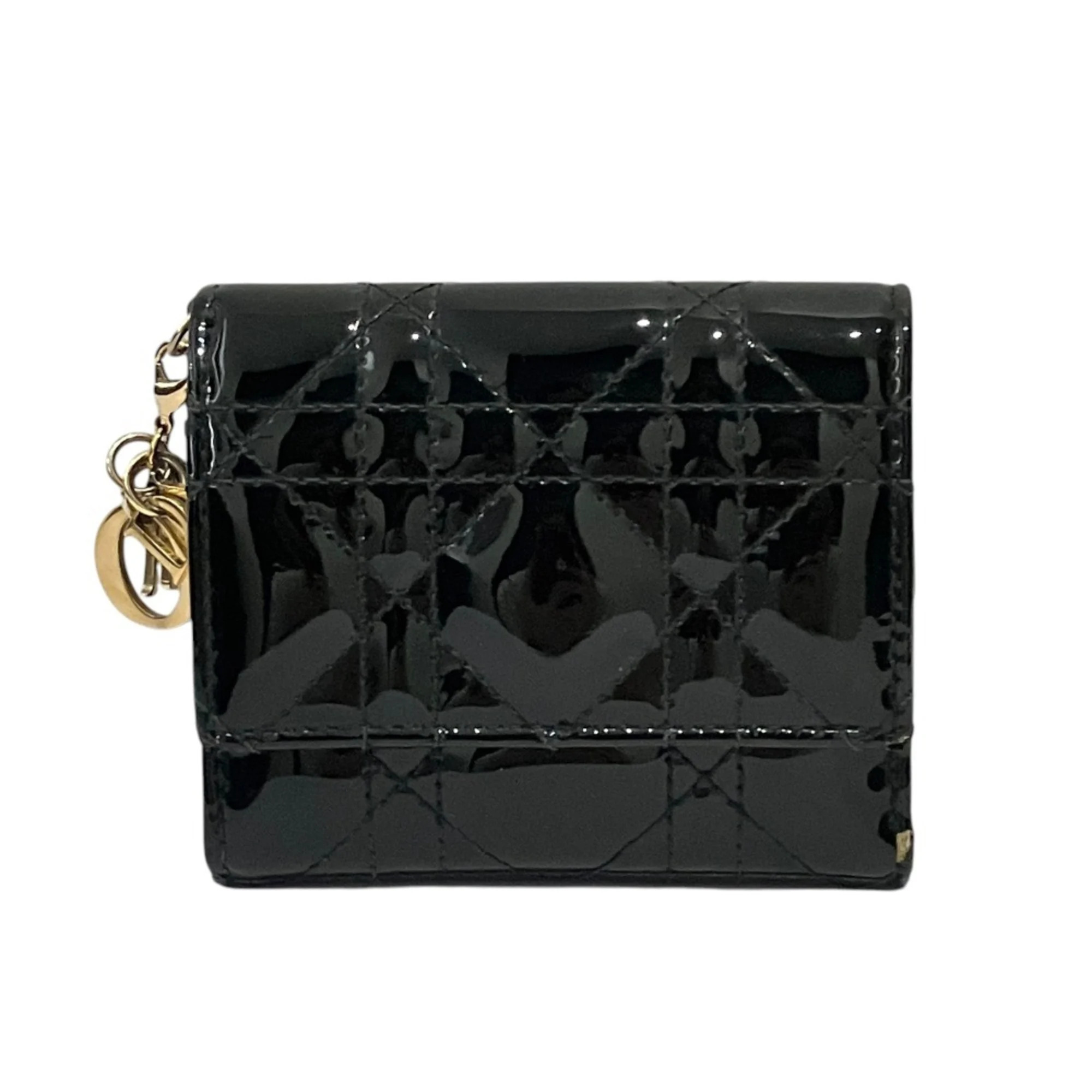 Christian Dior Lady Patent Leather Lotus Wallet Tri-Fold Black Women's
